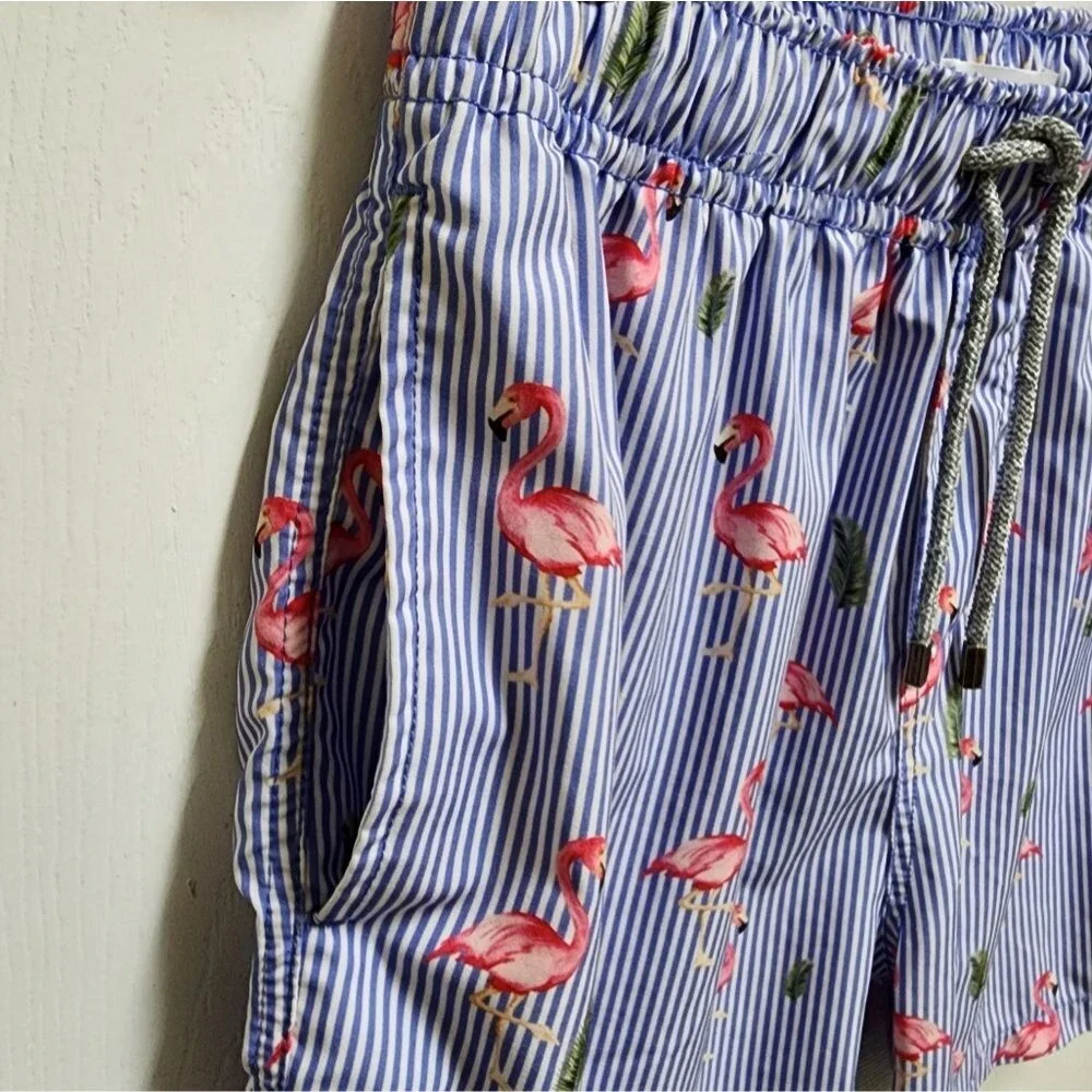 Vintage Summer Men Blue Striped Pink Flamingo Swim Trunks Size L Beach Vacation